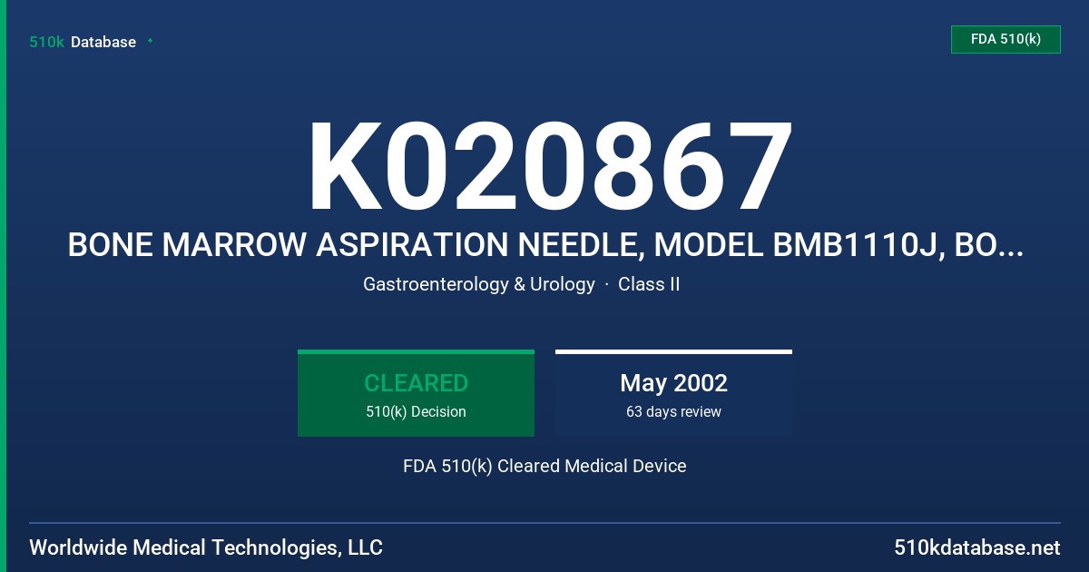 K020867 BONE MARROW ASPIRATION NEEDLE, MODEL BMB1110J, BONE MARROW HARVEST NEEDLE, MODEL BMHN1104VX, & BONE MARROW BIOPSY NEEDL FDA 510(k) Cleared Medical Device