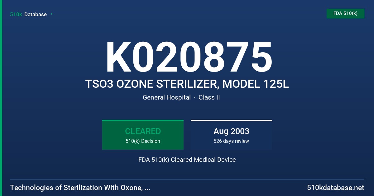K020875 TSO3 OZONE STERILIZER, MODEL 125L FDA 510(k) Cleared Medical Device