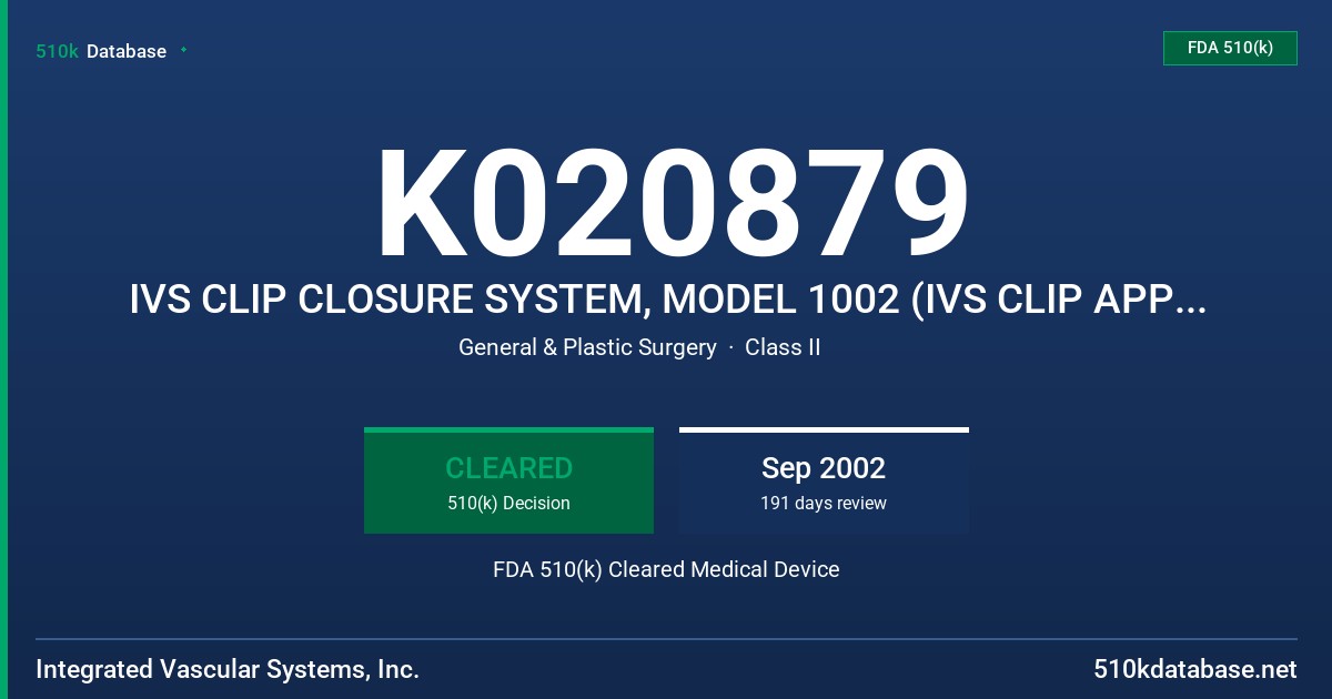 K020879 IVS CLIP CLOSURE SYSTEM, MODEL 1002 (IVS CLIP APPLIER) FDA 510(k) Cleared Medical Device