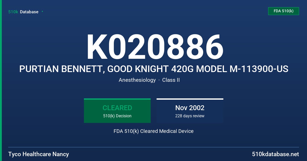 K020886 PURTIAN BENNETT, GOOD KNIGHT 420G MODEL M-113900-US FDA 510(k) Cleared Medical Device