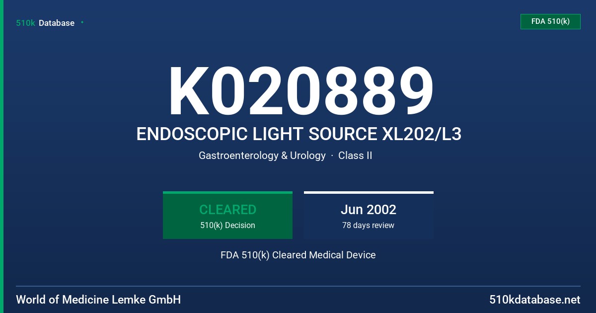 K020889 ENDOSCOPIC LIGHT SOURCE XL202/L3 FDA 510(k) Cleared Medical Device
