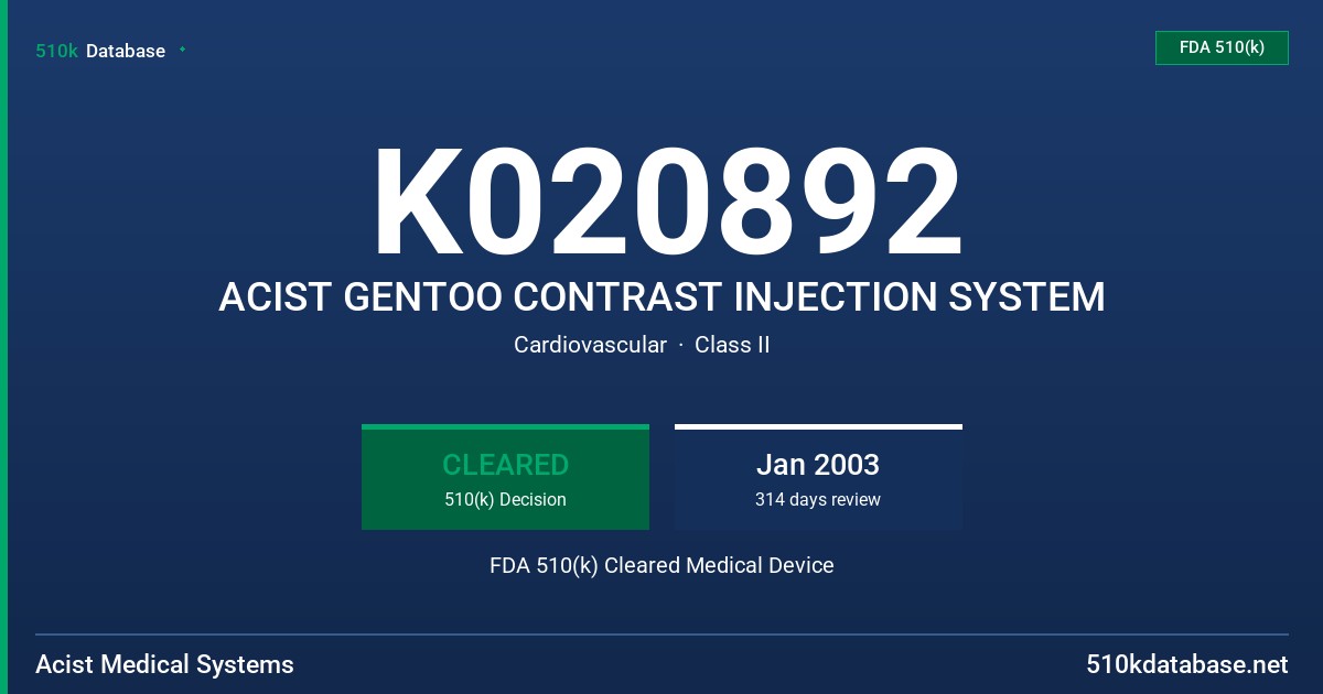 K020892 ACIST GENTOO CONTRAST INJECTION SYSTEM FDA 510(k) Cleared Medical Device