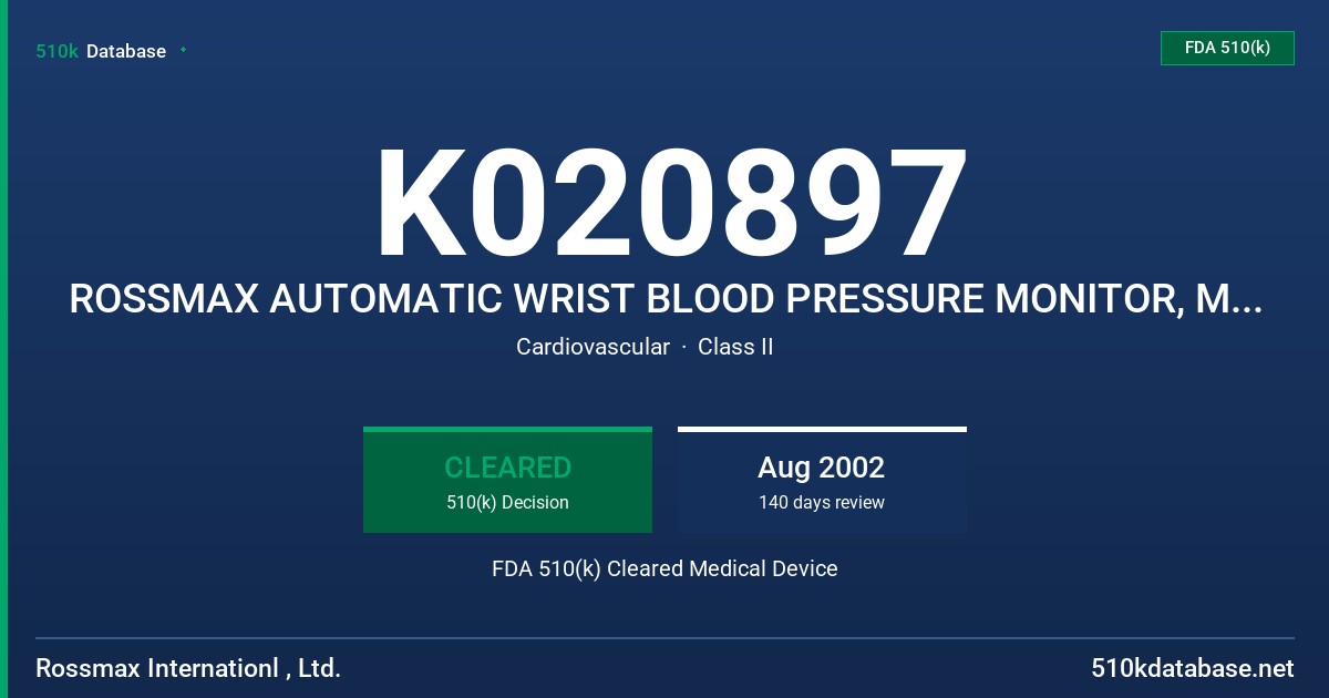 K020897 ROSSMAX AUTOMATIC WRIST BLOOD PRESSURE MONITOR, MODELS B150 & Q400 FDA 510(k) Cleared Medical Device