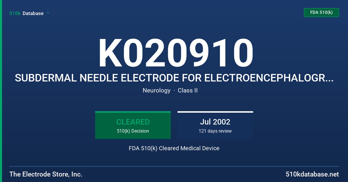 K020910 SUBDERMAL NEEDLE ELECTRODE FOR ELECTROENCEPHALOGRAPHY, MODELS PRO-E12SAF AND DEN-12SAF FDA 510(k) Cleared Medical Device