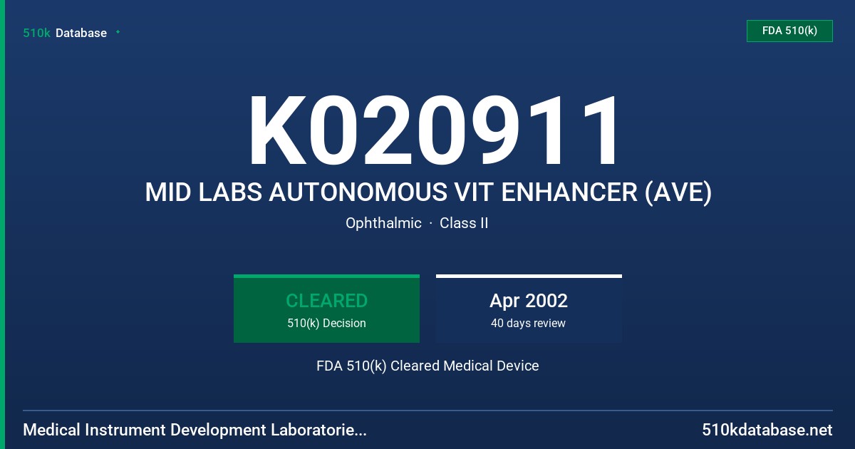 K020911 MID LABS AUTONOMOUS VIT ENHANCER (AVE) FDA 510(k) Cleared Medical Device