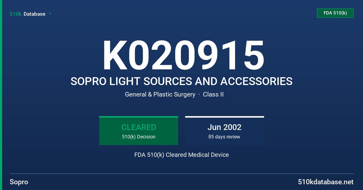 K020915 SOPRO LIGHT SOURCES AND ACCESSORIES FDA 510(k) Cleared Medical Device