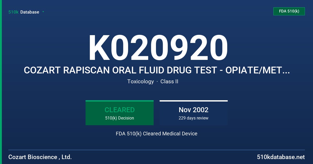 K020920 COZART RAPISCAN ORAL FLUID DRUG TEST - OPIATE/METHADONE FDA 510(k) Cleared Medical Device