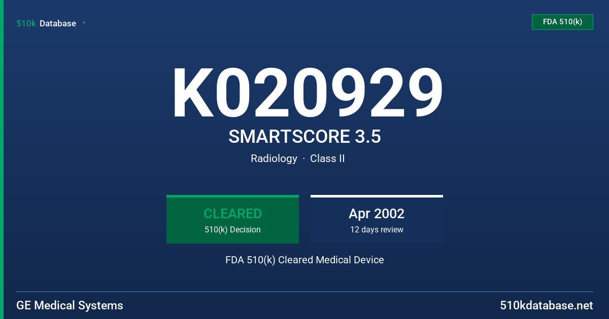 K020929 SMARTSCORE 3.5 FDA 510(k) Cleared Medical Device