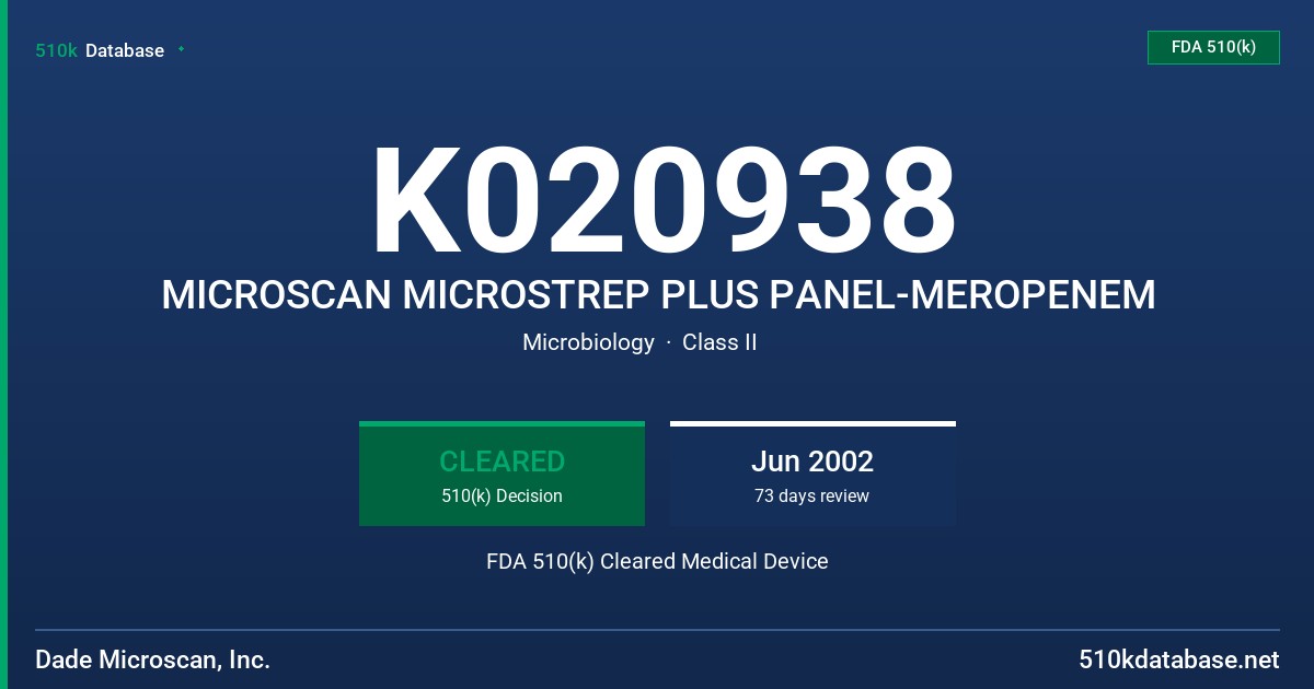 K020938 MICROSCAN MICROSTREP PLUS PANEL-MEROPENEM FDA 510(k) Cleared Medical Device