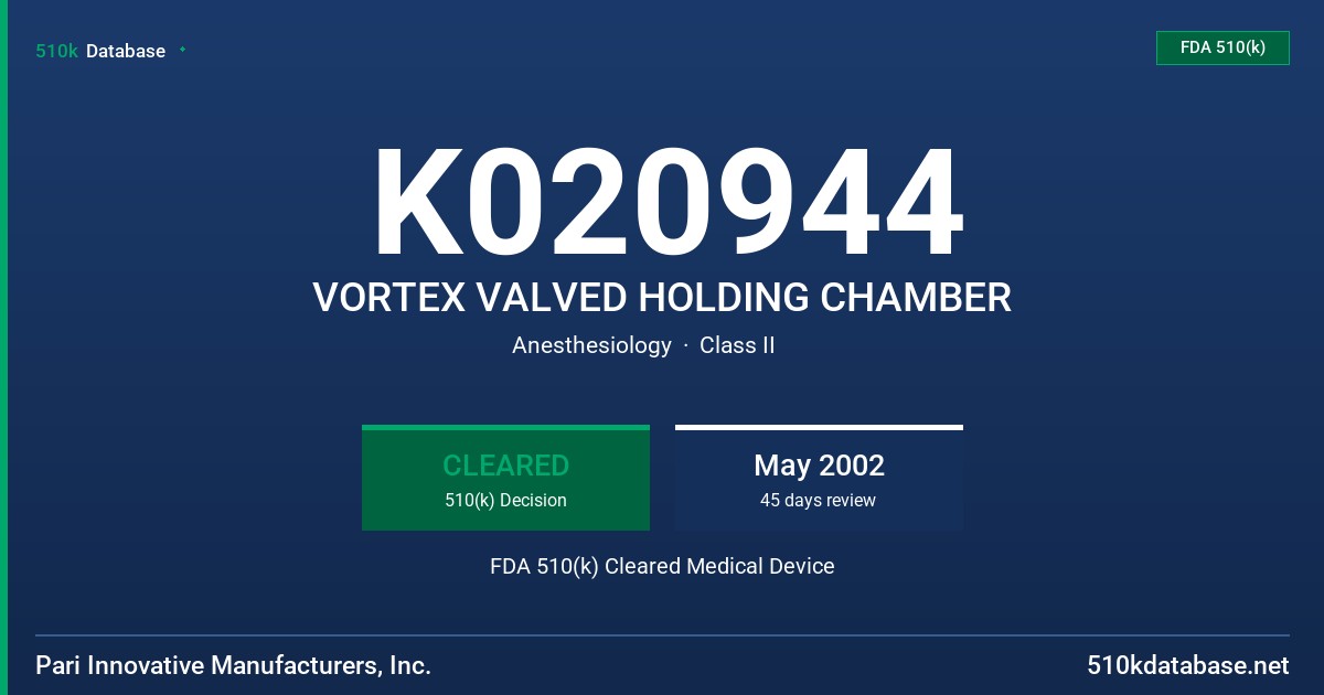 K020944 VORTEX VALVED HOLDING CHAMBER FDA 510(k) Cleared Medical Device