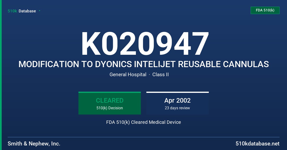 K020947 MODIFICATION TO DYONICS INTELIJET REUSABLE CANNULAS FDA 510(k) Cleared Medical Device