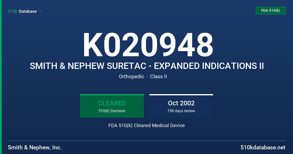 K020948 SMITH & NEPHEW SURETAC - EXPANDED INDICATIONS II FDA 510(k) Cleared Medical Device