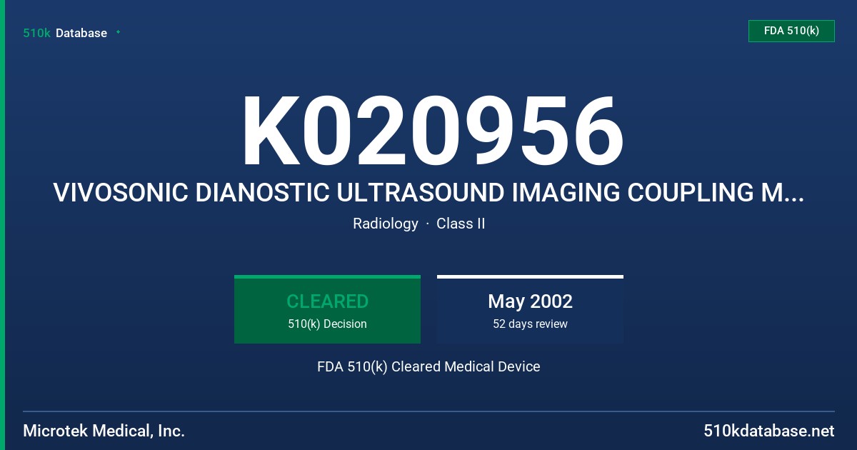 K020956 VIVOSONIC DIANOSTIC ULTRASOUND IMAGING COUPLING MEDIA FDA 510(k) Cleared Medical Device