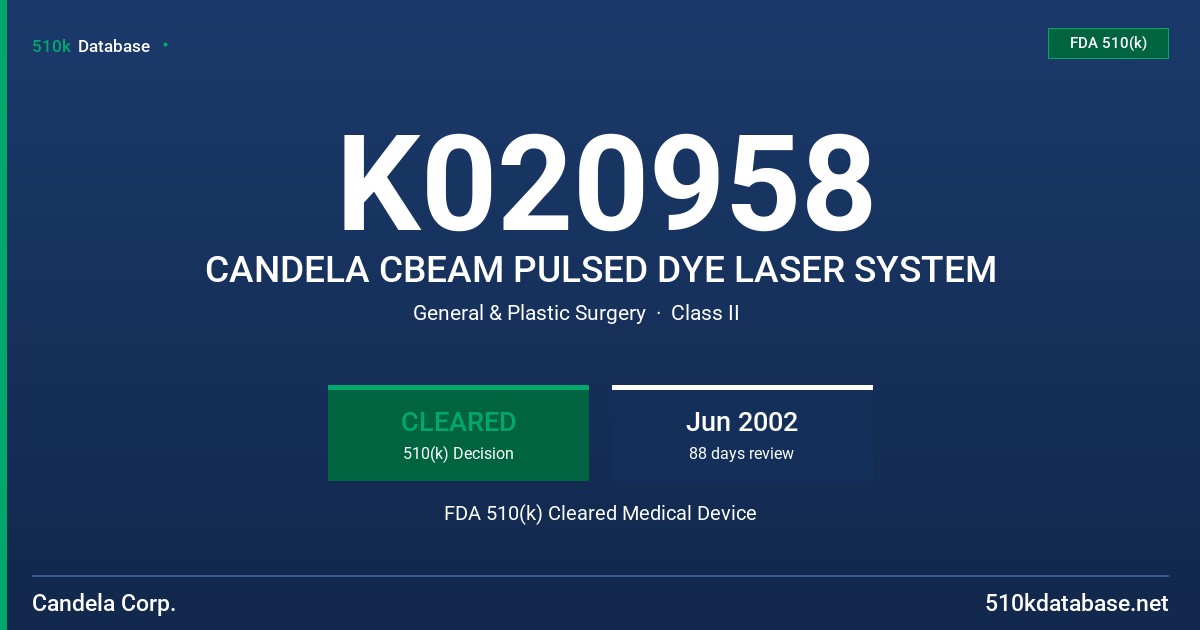 K020958 CANDELA CBEAM PULSED DYE LASER SYSTEM FDA 510(k) Cleared Medical Device
