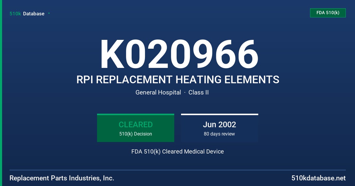K020966 RPI REPLACEMENT HEATING ELEMENTS FDA 510(k) Cleared Medical Device