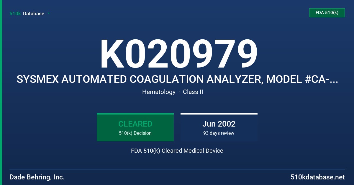 K020979 SYSMEX AUTOMATED COAGULATION ANALYZER, MODEL #CA-7000 FDA 510(k) Cleared Medical Device