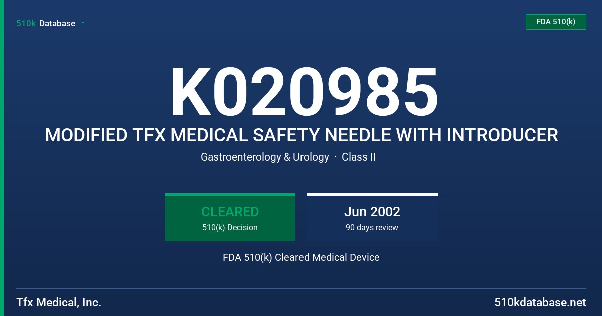 K020985 MODIFIED TFX MEDICAL SAFETY NEEDLE WITH INTRODUCER FDA 510(k) Cleared Medical Device