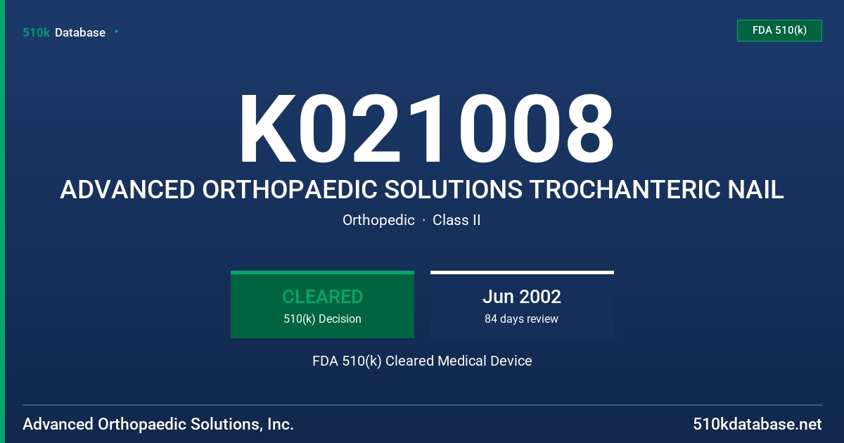 K021008 ADVANCED ORTHOPAEDIC SOLUTIONS TROCHANTERIC NAIL FDA 510(k) Cleared Medical Device