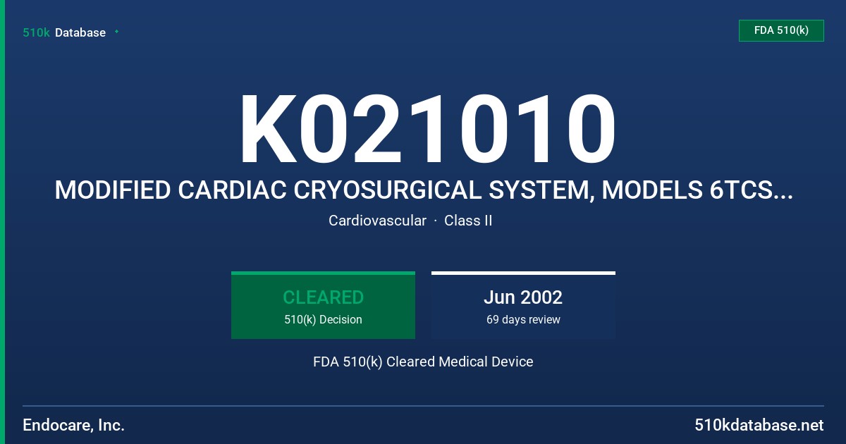 K021010 MODIFIED CARDIAC CRYOSURGICAL SYSTEM, MODELS 6TCS1 & 6TCSE FDA 510(k) Cleared Medical Device