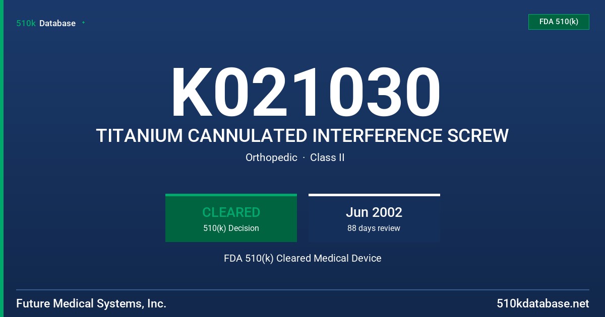 K021030 TITANIUM CANNULATED INTERFERENCE SCREW FDA 510(k) Cleared Medical Device