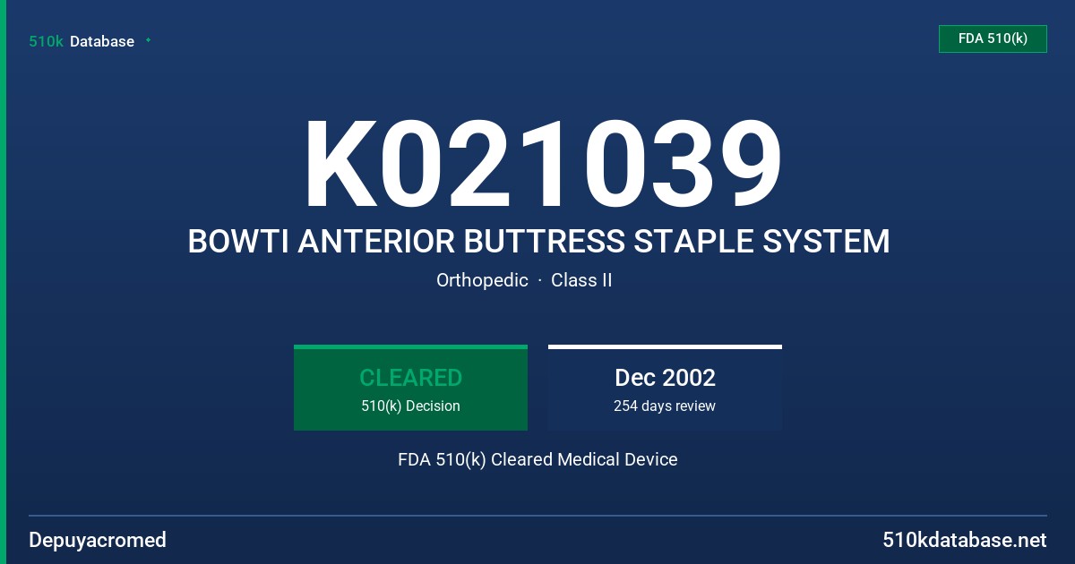 K021039 BOWTI ANTERIOR BUTTRESS STAPLE SYSTEM FDA 510(k) Cleared Medical Device
