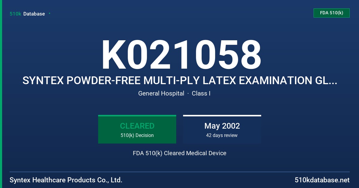 K021058 SYNTEX POWDER-FREE MULTI-PLY LATEX EXAMINATION GLOVES WITH LOW PROTEIN CLAIM FDA 510(k) Cleared Medical Device