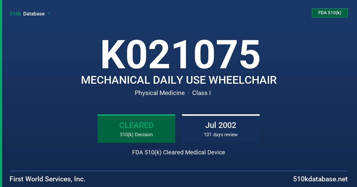 K021075 MECHANICAL DAILY USE WHEELCHAIR FDA 510(k) Cleared Medical Device