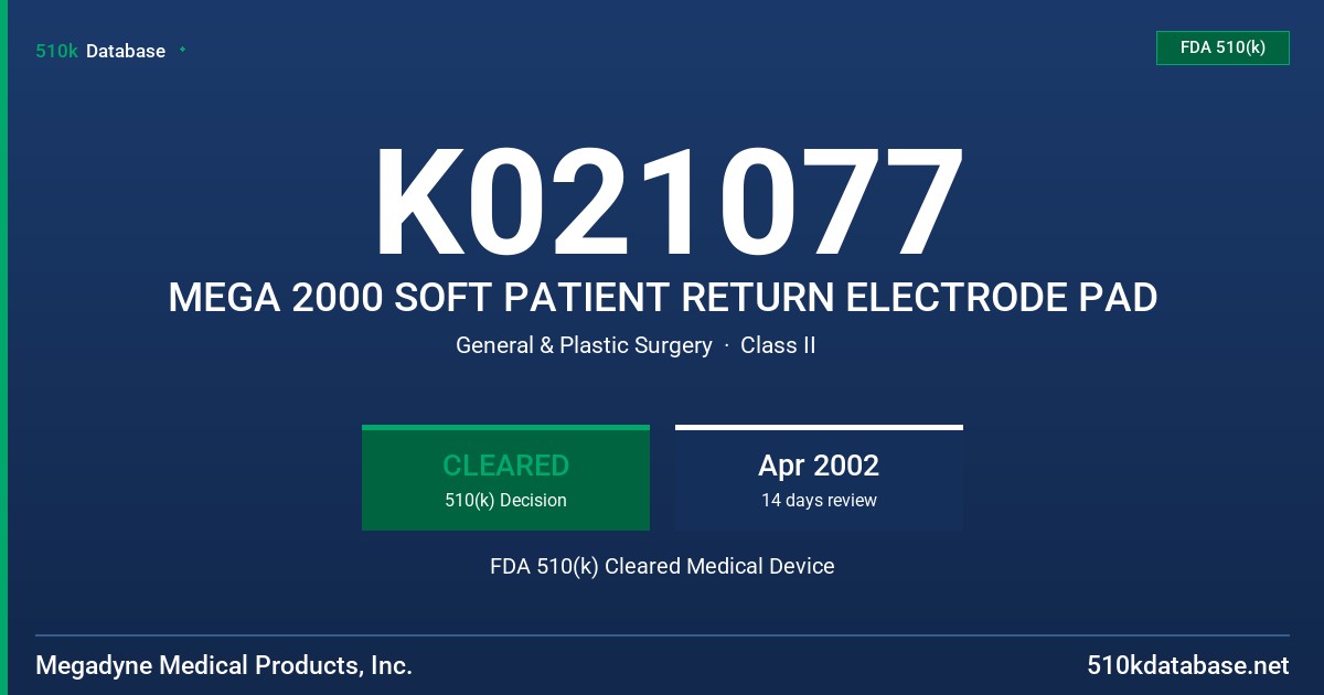 K021077 MEGA 2000 SOFT PATIENT RETURN ELECTRODE PAD FDA 510(k) Cleared Medical Device
