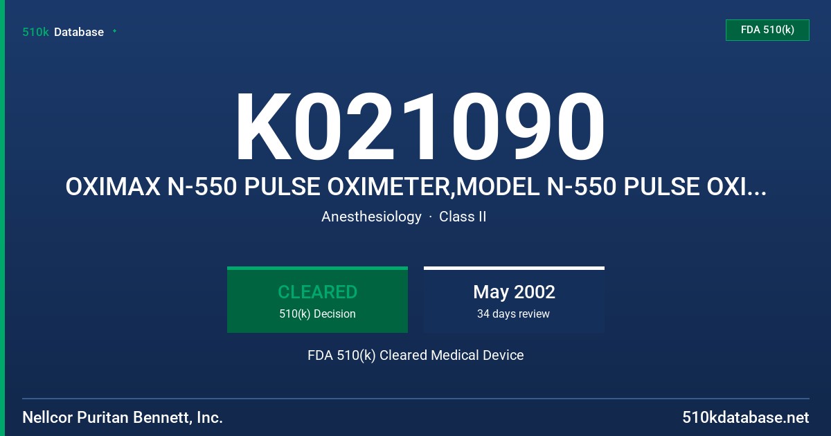 K021090 OXIMAX N-550 PULSE OXIMETER,MODEL N-550 PULSE OXIMETER FDA 510(k) Cleared Medical Device