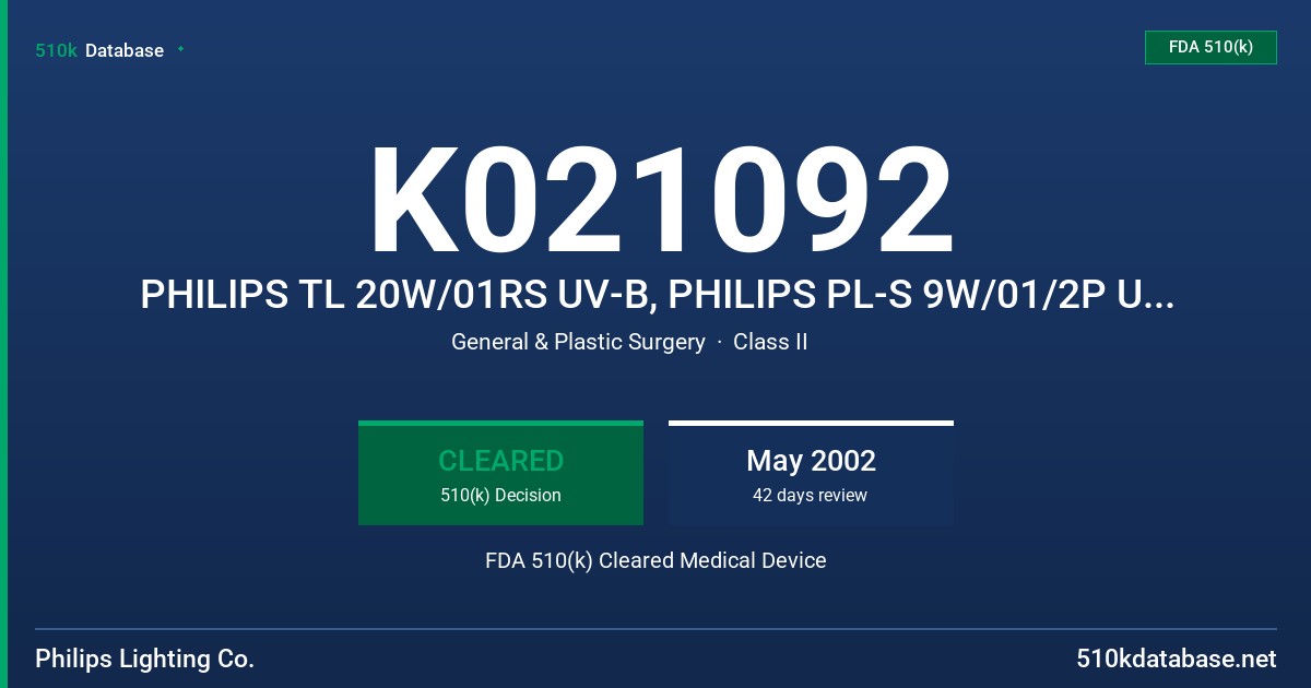 K021092 PHILIPS TL 20W/01RS UV-B, PHILIPS PL-S 9W/01/2P UV, AND PHILIPS PL-L 36W/01/4P UV-B FDA 510(k) Cleared Medical Device