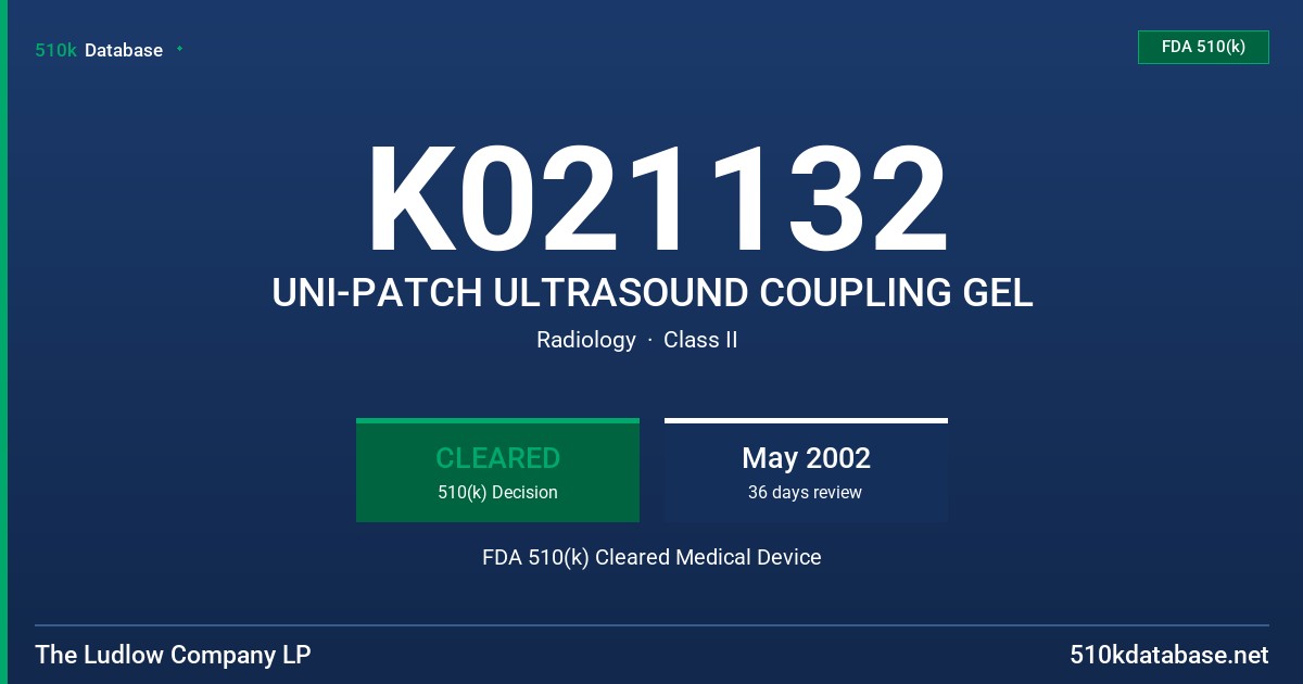 K021132 UNI-PATCH ULTRASOUND COUPLING GEL FDA 510(k) Cleared Medical Device