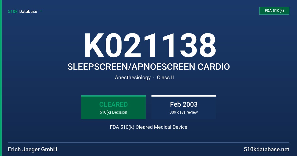 K021138 SLEEPSCREEN/APNOESCREEN CARDIO FDA 510(k) Cleared Medical Device