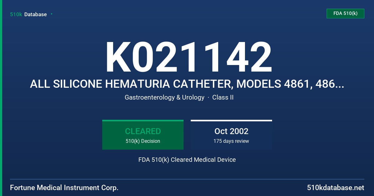 K021142 ALL SILICONE HEMATURIA CATHETER, MODELS 4861, 4862, 4863, 4864, 4865 FDA 510(k) Cleared Medical Device