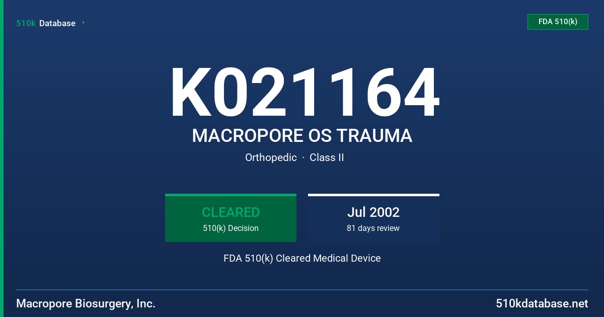 K021164 MACROPORE OS TRAUMA FDA 510(k) Cleared Medical Device