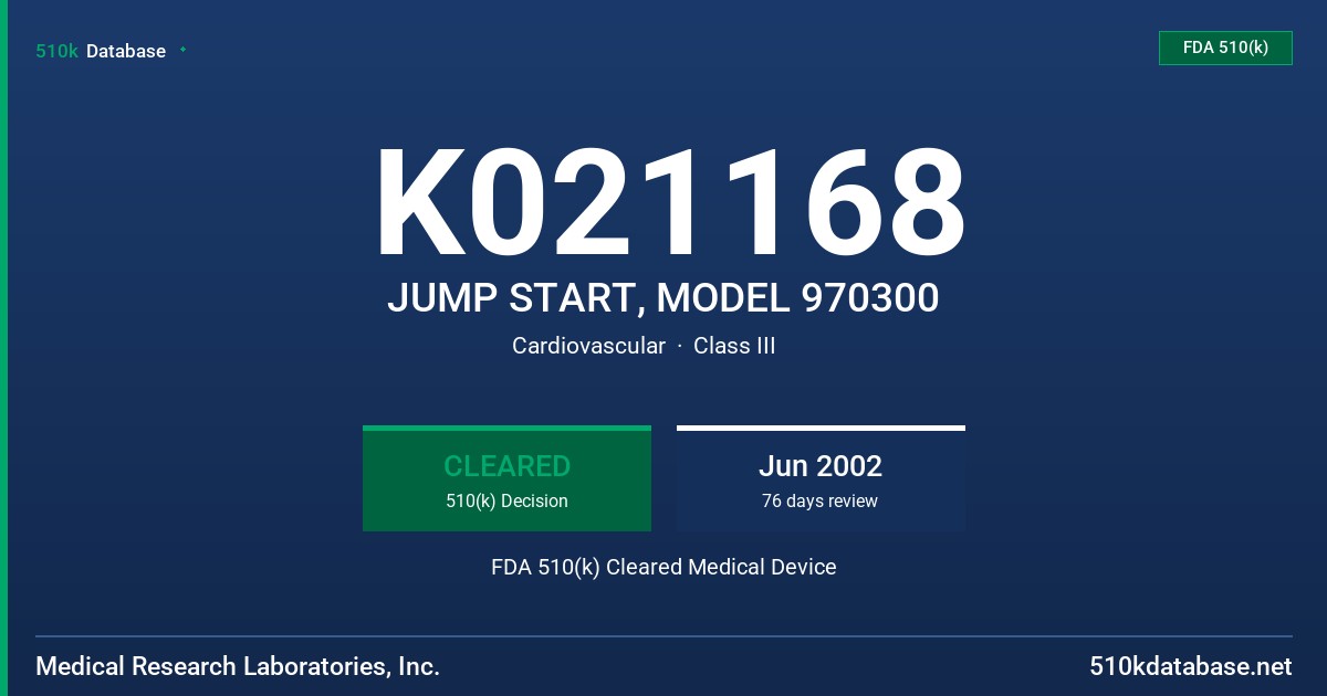 K021168 JUMP START, MODEL 970300 FDA 510(k) Cleared Medical Device