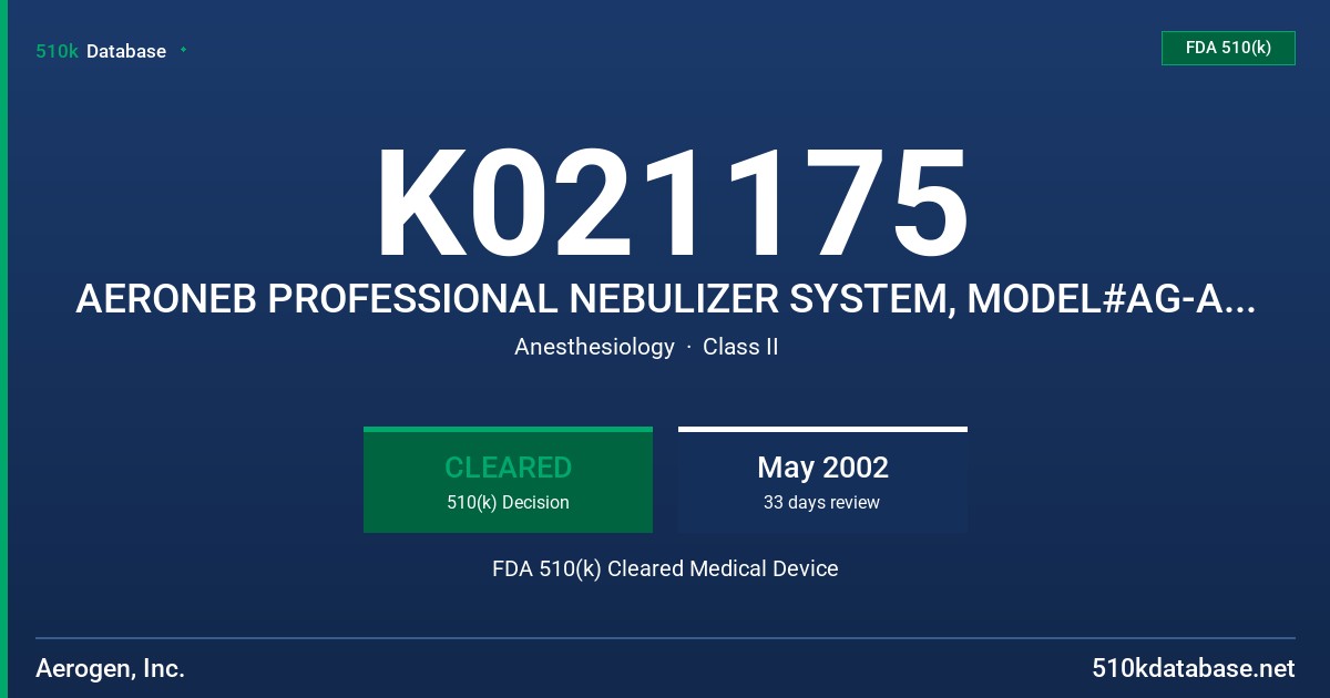 K021175 AERONEB PROFESSIONAL NEBULIZER SYSTEM, MODEL#AG-AP6000 FDA 510(k) Cleared Medical Device