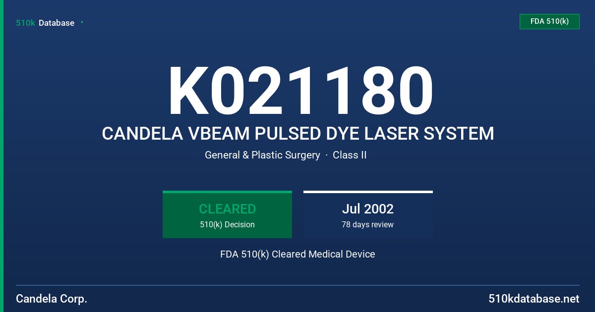 K021180 CANDELA VBEAM PULSED DYE LASER SYSTEM FDA 510(k) Cleared Medical Device