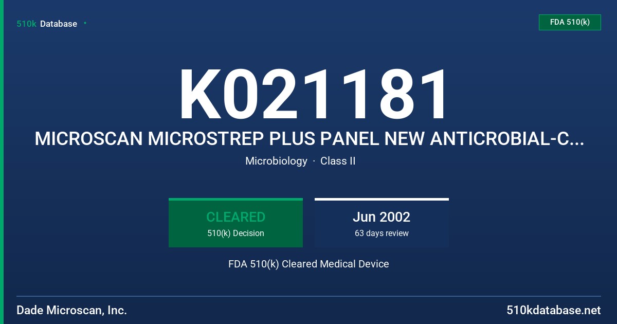 K021181 MICROSCAN MICROSTREP PLUS PANEL NEW ANTICROBIAL-CLARITHROMYCIN FDA 510(k) Cleared Medical Device