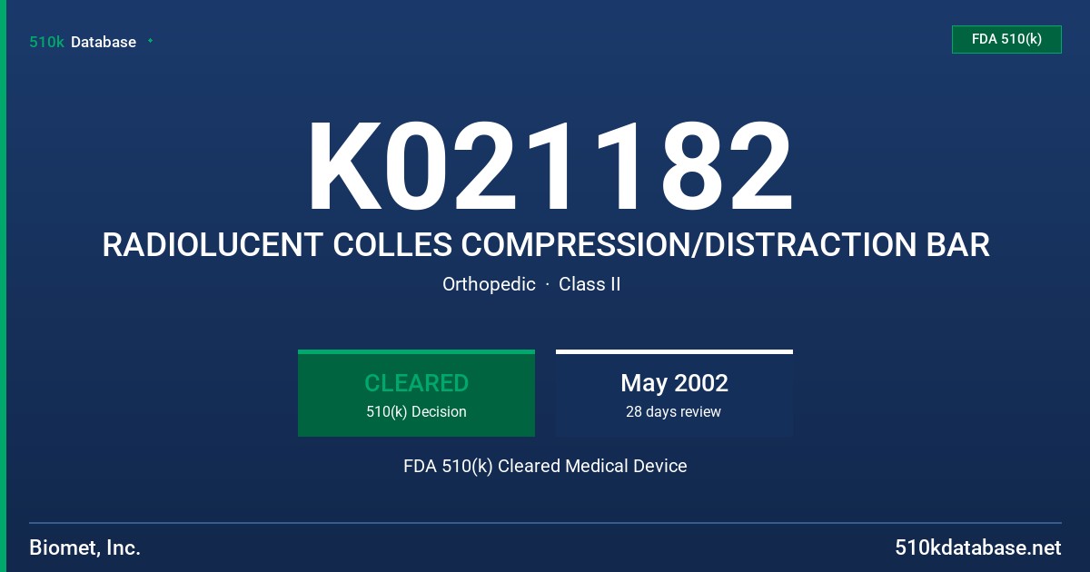 K021182 RADIOLUCENT COLLES COMPRESSION/DISTRACTION BAR FDA 510(k) Cleared Medical Device