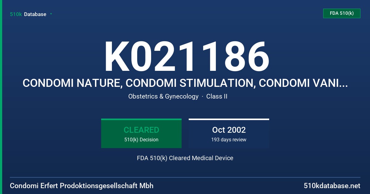 K021186 CONDOMI NATURE, CONDOMI STIMULATION, CONDOMI VANILLA GOLD, CONDOMI SUPERSAFE, CONDOMI XXL, CONDOMI STRONG, FDA 510(k) Cleared Medical Device