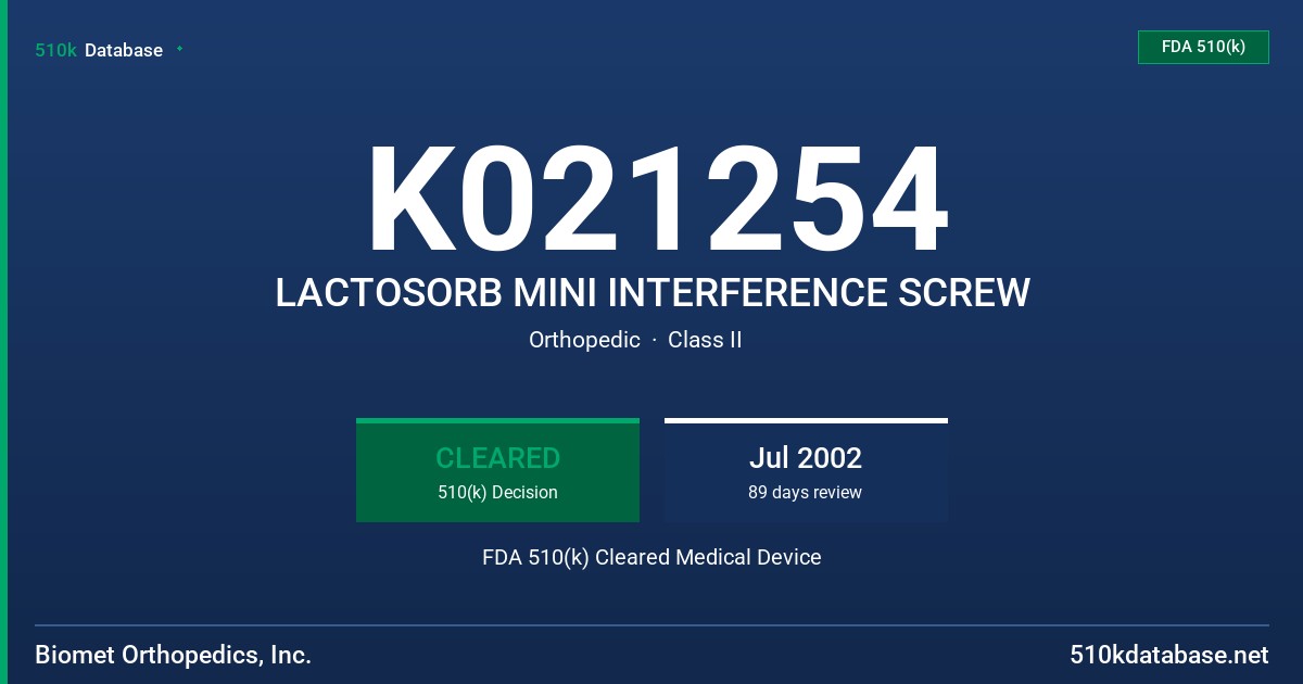 K021254 LACTOSORB MINI INTERFERENCE SCREW FDA 510(k) Cleared Medical Device