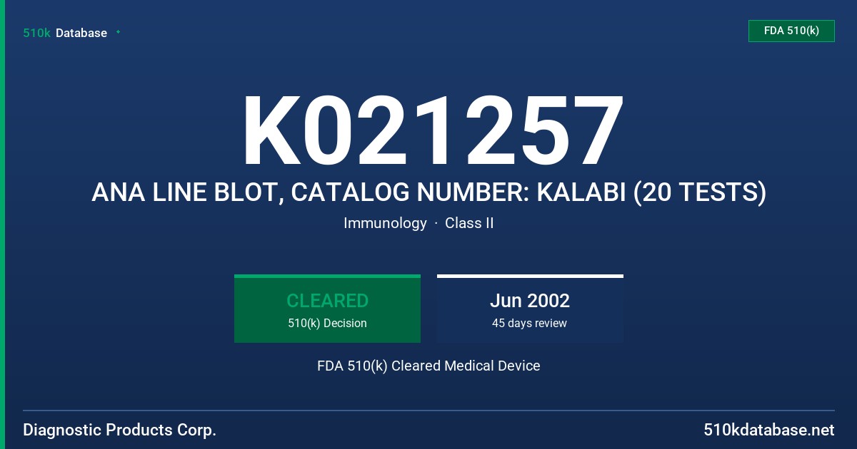 K021257 ANA LINE BLOT, CATALOG NUMBER: KALABI (20 TESTS) FDA 510(k) Cleared Medical Device