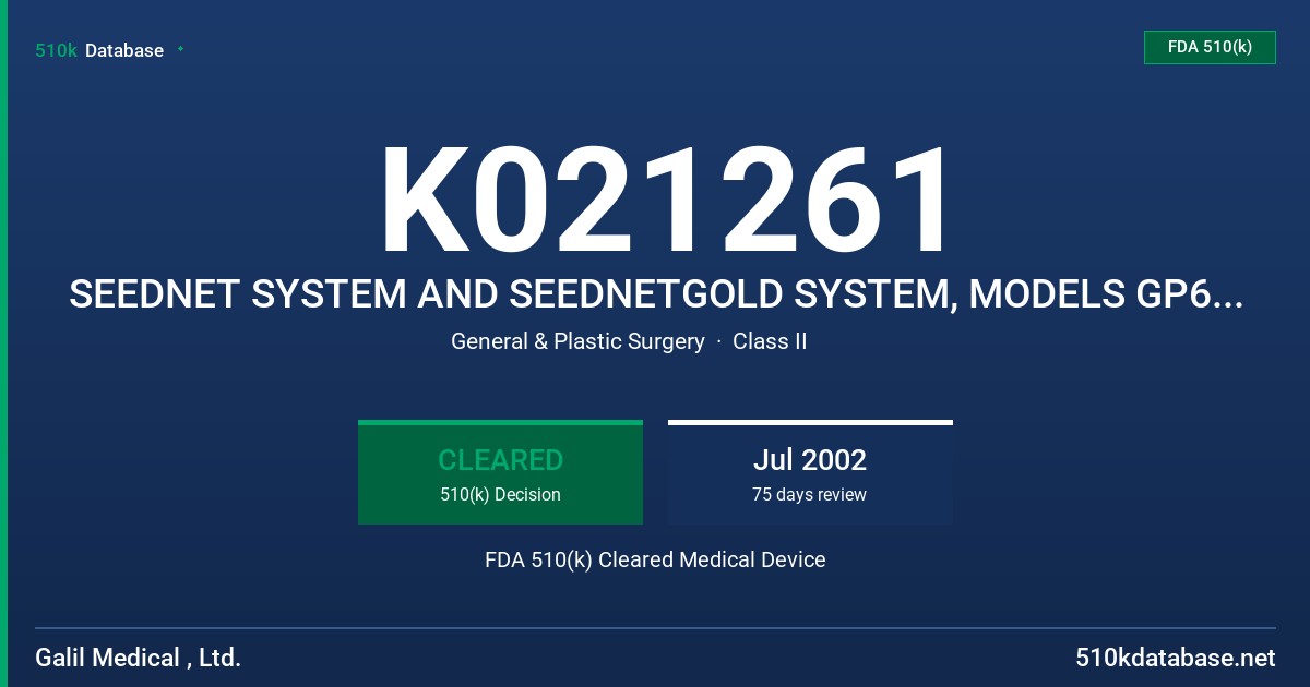 K021261 SEEDNET SYSTEM AND SEEDNETGOLD SYSTEM, MODELS GP6T5, GP5T5, GP5T3, HP5T5 & HP5T3 FDA 510(k) Cleared Medical Device