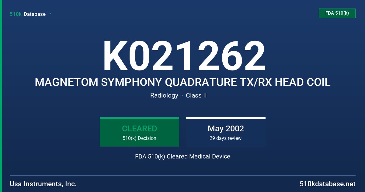 K021262 MAGNETOM SYMPHONY QUADRATURE TX/RX HEAD COIL FDA 510(k) Cleared Medical Device