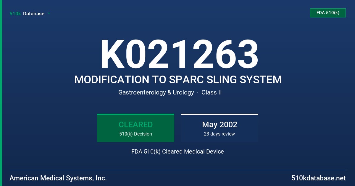 K021263 MODIFICATION TO SPARC SLING SYSTEM FDA 510(k) Cleared Medical Device