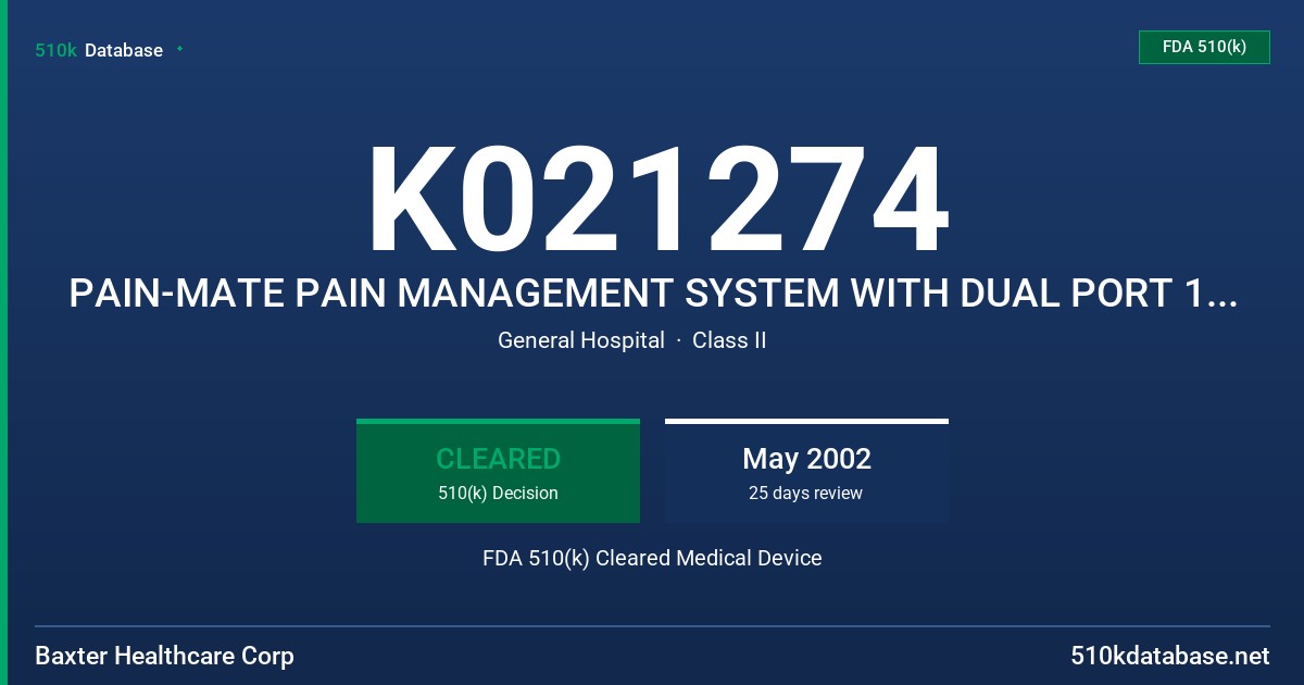 K021274 PAIN-MATE PAIN MANAGEMENT SYSTEM WITH DUAL PORT 1+1, 2+2, MODELS 2C1718, 2C1719 FDA 510(k) Cleared Medical Device