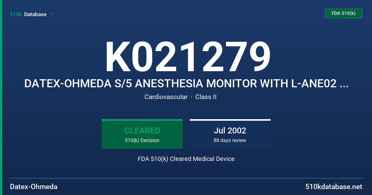 K021279 DATEX-OHMEDA S/5 ANESTHESIA MONITOR WITH L-ANE02 AND L-ANE02A SOFTWARE FDA 510(k) Cleared Medical Device
