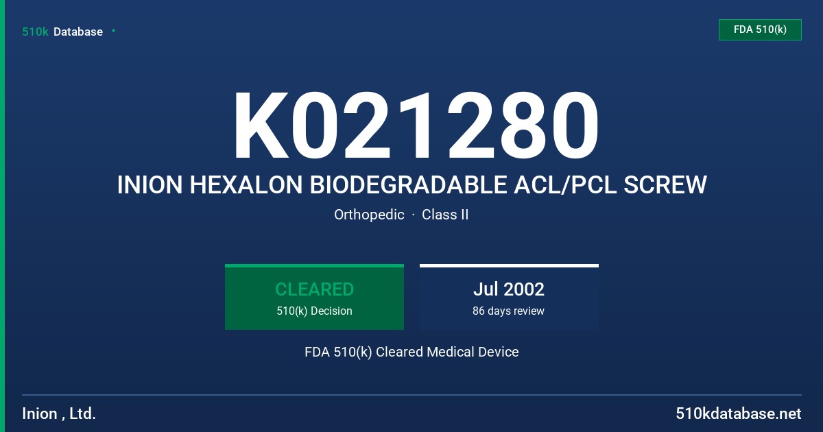 K021280 INION HEXALON BIODEGRADABLE ACL/PCL SCREW FDA 510(k) Cleared Medical Device