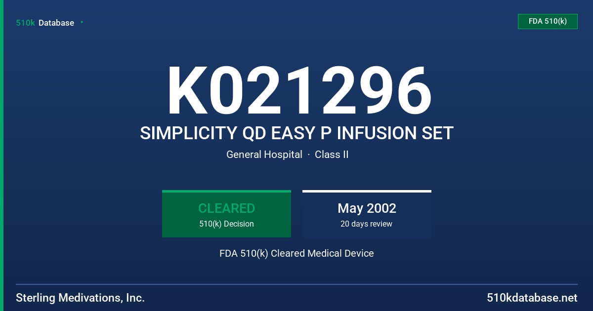 K021296 SIMPLICITY QD EASY P INFUSION SET FDA 510(k) Cleared Medical Device