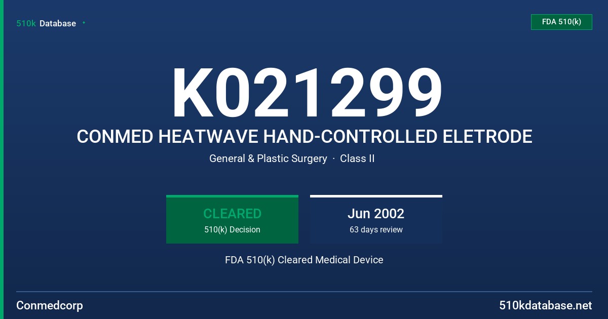 K021299 CONMED HEATWAVE HAND-CONTROLLED ELETRODE FDA 510(k) Cleared Medical Device
